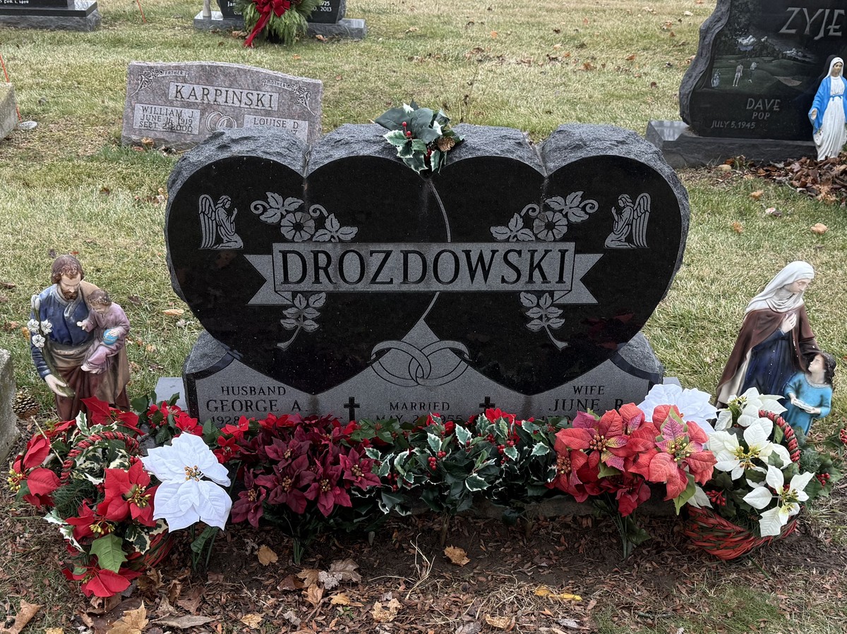 A grave decorated with Christmas poinsettias